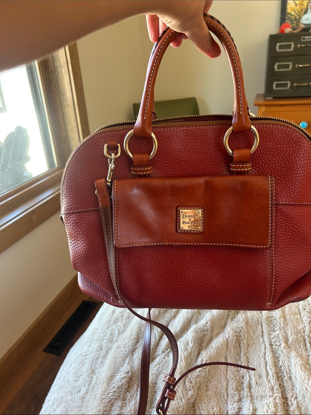 Dooney & Bourke Cherry Red Pebbled Leather Satchel with Brown Trim